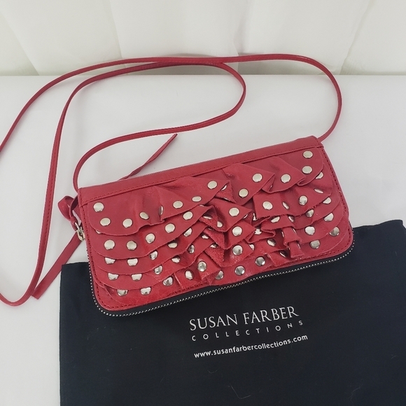 Susan Farber Collections red leather studded crossbody bag ruffled zipper - Picture 1 of 6